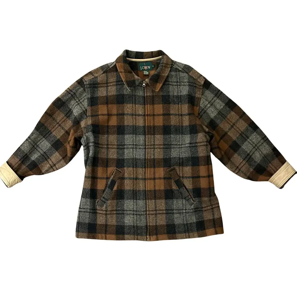 Vintage J.Crew Wool Plaid Zip Jacket Brown Gray Made in USA Mens L Unisex